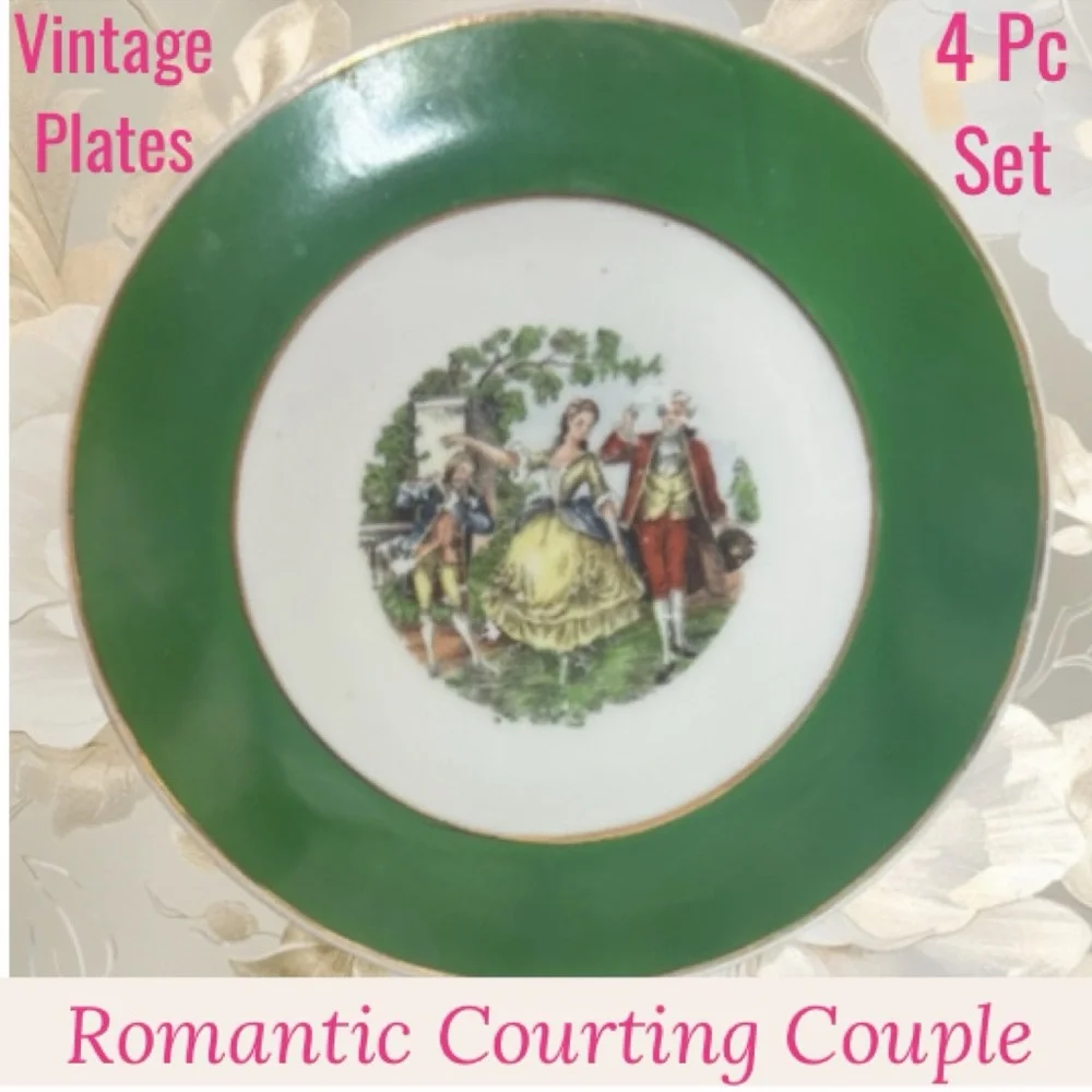 Vintage Courting Couple Plates Set 4 Pc Blume Japan Floral Green White Burgundy